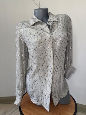 Rosa Ferrara Collection Women's Silver Sequin Button-Up Shirt size Medium